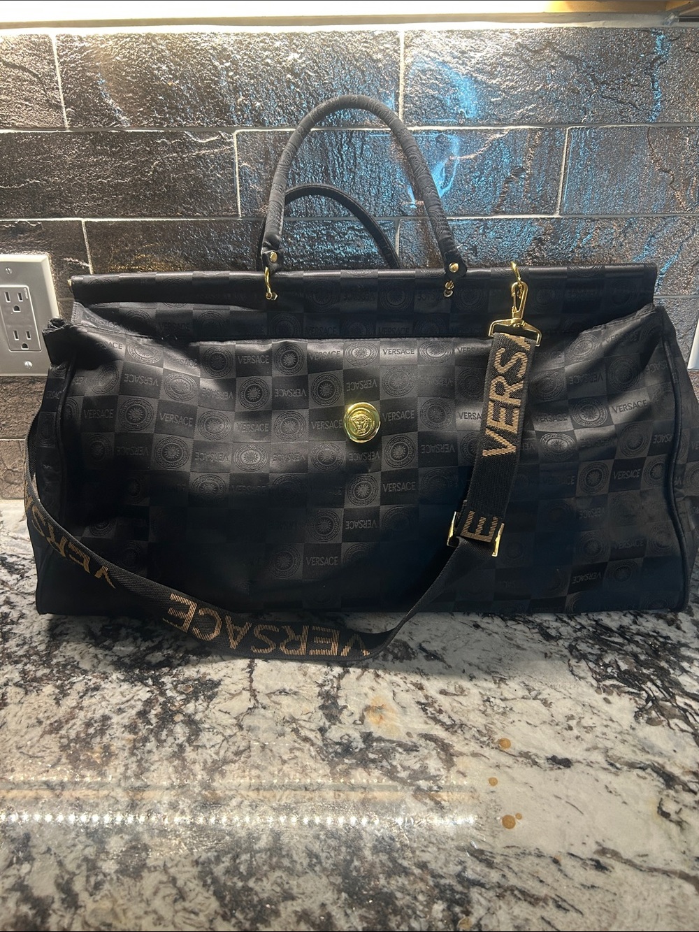 Versace Large Black Logo-Pattern Duffel with Branded Strap